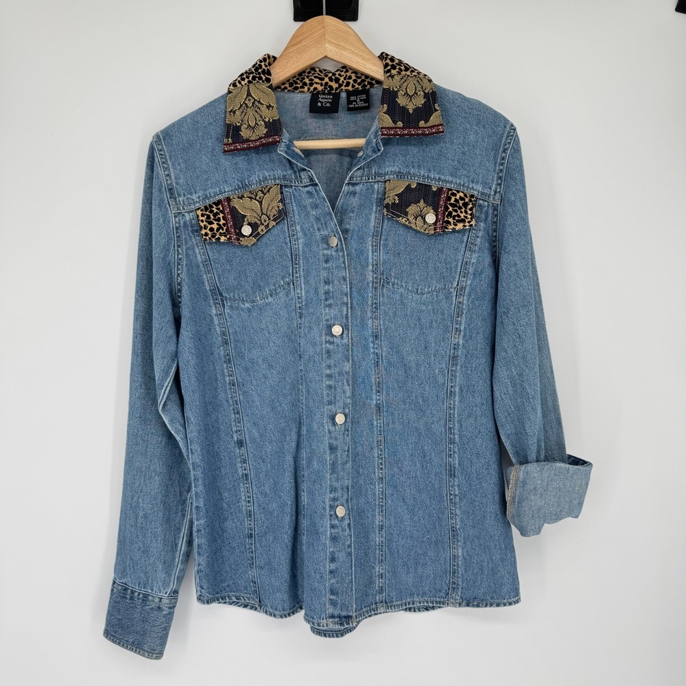 Vtg‎ 90s Quizz Again Cotton Denim Shirt M Leopard Brocade Tapestry Boho Western